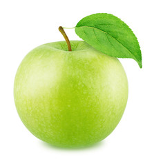 Fresh Green Apple with Leaf Isolated on White Background