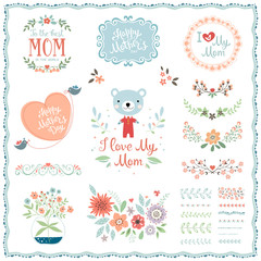 Fototapeta na wymiar Mother's Day set with typographic design elements. Flowers, branches, brushes, wreath, birds, Teddy Bear and floral bouquet in vase. Vector illustration.