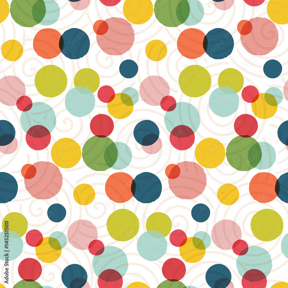 Poster 
Modern abstract vector background with big confetti. Seamless colorful dots pattern. Watercolor style circles on beige spirals backdrop.