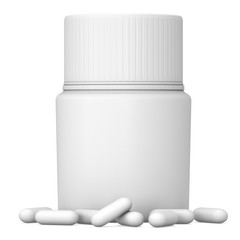 Blank plastic bottle of pills. 3D render illustration isolated on white background. Medical drug pharmacy care and tablet pills antibiotic pharmaceutical