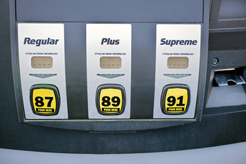 Three grade of gasoline at pump.