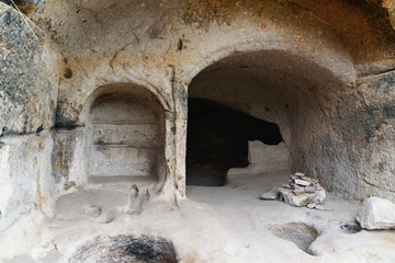 Cave room in Vardzia cave monastery. Georgia