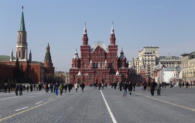 Ancient temple in Moscow and the Kremlin on Red Square. March 2015