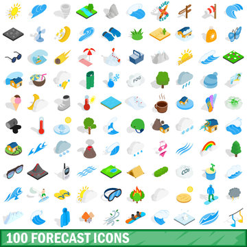 100 forecast icons set, isometric 3d style