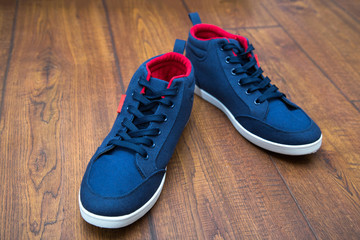 Blue sneakers on a wood background