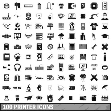 100 printer icons set, simple style 