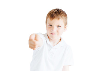 Little boy stand on white background and show his emotions