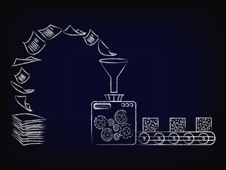 pile of docs turning into data block by factory machine, vector