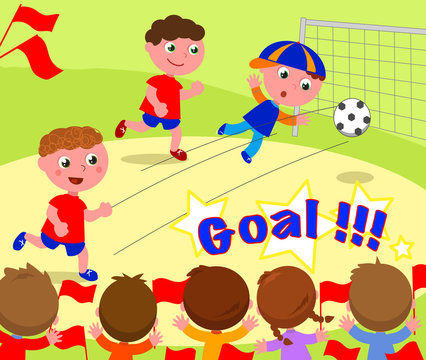 Children playing soccer and kids supporting winners. Vector.
