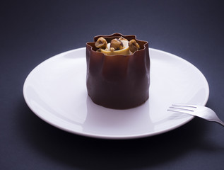 French caked named success praline with roasted hazelnuts, praline cream and chocolate, placed on white plate and isolated on dark background