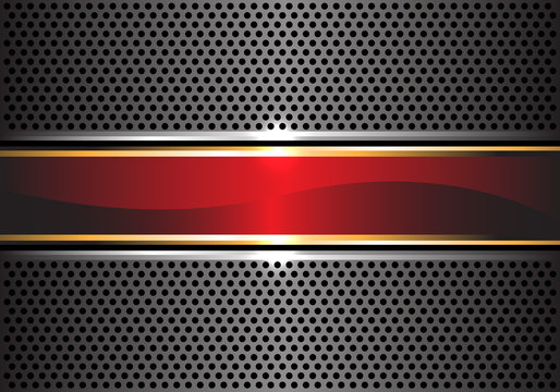 Abstract Red Gold Banner On Metal Gray Circle Mesh Design Luxury Background Vector Illustration.