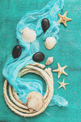 Seashells on turquoise background