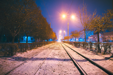 Old tram railway at night valley