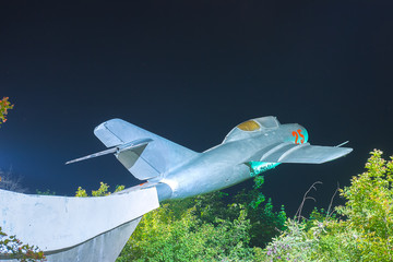 Monument to military pilots - a MiG-15 fighter plane in Park