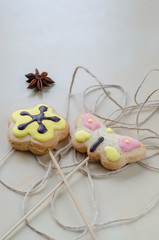 Sweet oatmeal cookies on wooden board