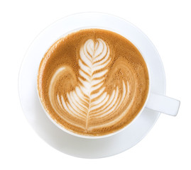 Top view of hot coffee latte art isolated on white background, clipping path included