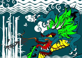 asian dragon bamboo and clouds background poster in vector format