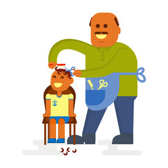Professional bald-headed hairdresser is cutting to baby boy hair on white background. Cartoon characters in flat design. Vector illustration eps10