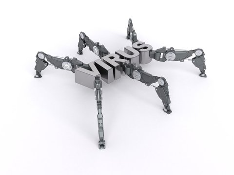 3D illustration of Virus text in the shape of a cyber bug
