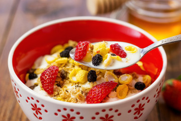Muesli With Dried Fruit, Strawberries and Milk