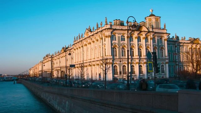 Time lapse of the evening museum Hermitage, St. Petersburg, Russia. Palace Embankment. Traffic of cars.