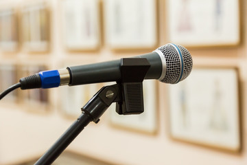 Fototapeta premium Dynamic microphone at the event. Exhibition hall, paintings on the walls. Focus on foreground, blurred background, bokeh.
