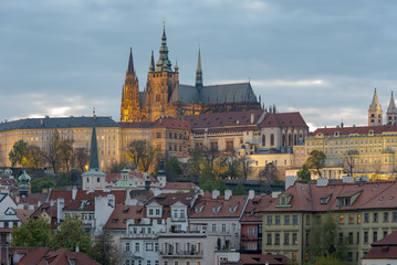 Spring sunset in Prague, view of castle and St. Vitus Cathedral