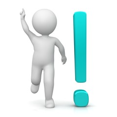 stickman 3d rendering exclamation mark turquoise cyan icon symbol isolated on white background