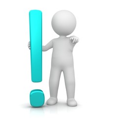 stickman 3d rendering exclamation mark turquoise cyan icon symbol isolated on white background
