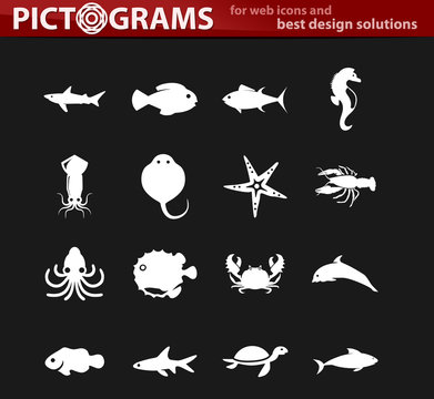Fish marine animals icons set