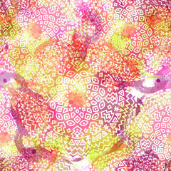 Materiał do szycia Seamless pattern with round ethnic shapes.Tribal background with watercolor effect. Textile print for bed linen, jacket, package design, fabric and fashion concepts