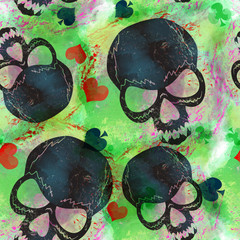 Grunge skulls and playing cards symbols on multicolor background with watercolor effect.