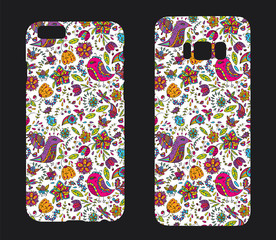 Beautiful cases for smartphones with ornaments from birds and flowers. Print for lining the phone. Ready design. Vector illustration. Doodles. Summer drawings.