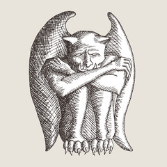Sad gargoyle old print style sketch. Hand drawn with vintage coloring.