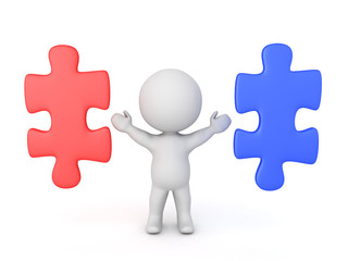 3D Character with two puzzle pieces next to him, one red, another blue