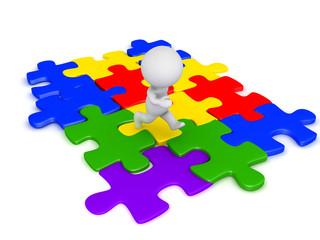 3D Character running on connected  jigsaw puzzle pieces