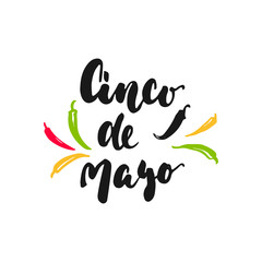 Cinco de Mayo mexican hand drawn lettering phrase with jalapeno isolated on the white background. Fun brush ink inscription for photo overlays, greeting card or t-shirt print, poster design.