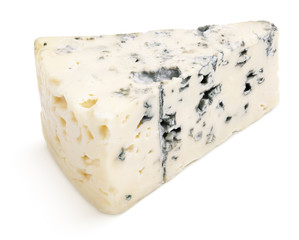 Wedge of soft blue cheese with mold isolated on white background. Blue cheese slice with clipping path