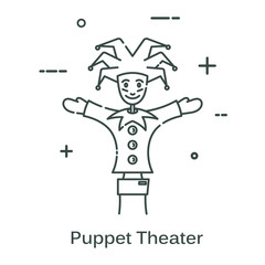 Doll-jester in a linear style. Line icon isolated on white background. Vector illustration.