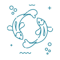 Pair fish with tails-heart, an astrological pictogram in linear style. Linear color icon. Isolated on white background. Vector illustration.