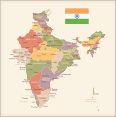 India - vintage map and flag - illustration