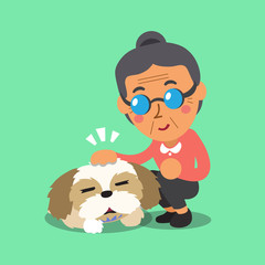 Fototapeta premium Cartoon senior woman and her dog