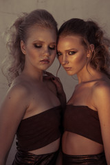 Glamour makeup two women with long hair style sitting on street wall background in dark. Fashion color portrait