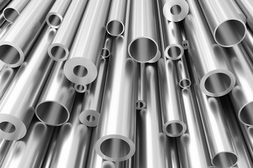 Many different steel pipes, abstract industrial background