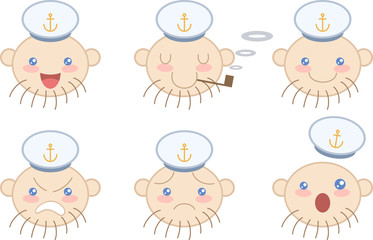 Set of cute cartoon sailor face emotions. Vector illustration