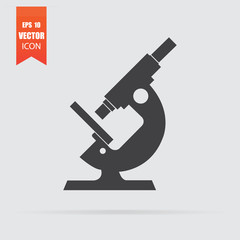 Microscope icon in flat style isolated on grey background.