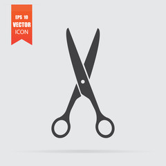 Scissors icon in flat style isolated on grey background.