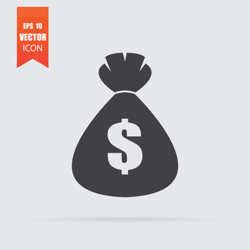 Money bag icon in flat style isolated on grey background.