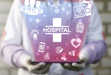 Medicine Hospital Cross Health Care concept. IT, IoT, AI, Big Data, Robotic, Computing, 3d Print,...