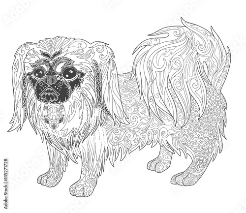 "Dog pekingese doodle illustration page for adult coloring ...